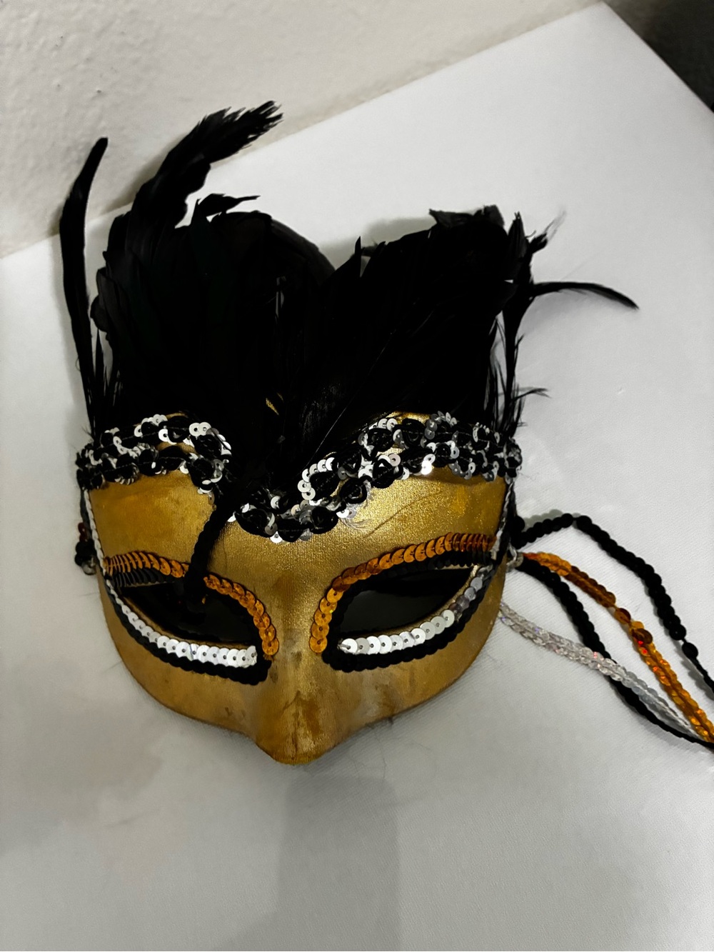 Gold and Black Feathered Masquerade Eye Mask - Women's Accessory